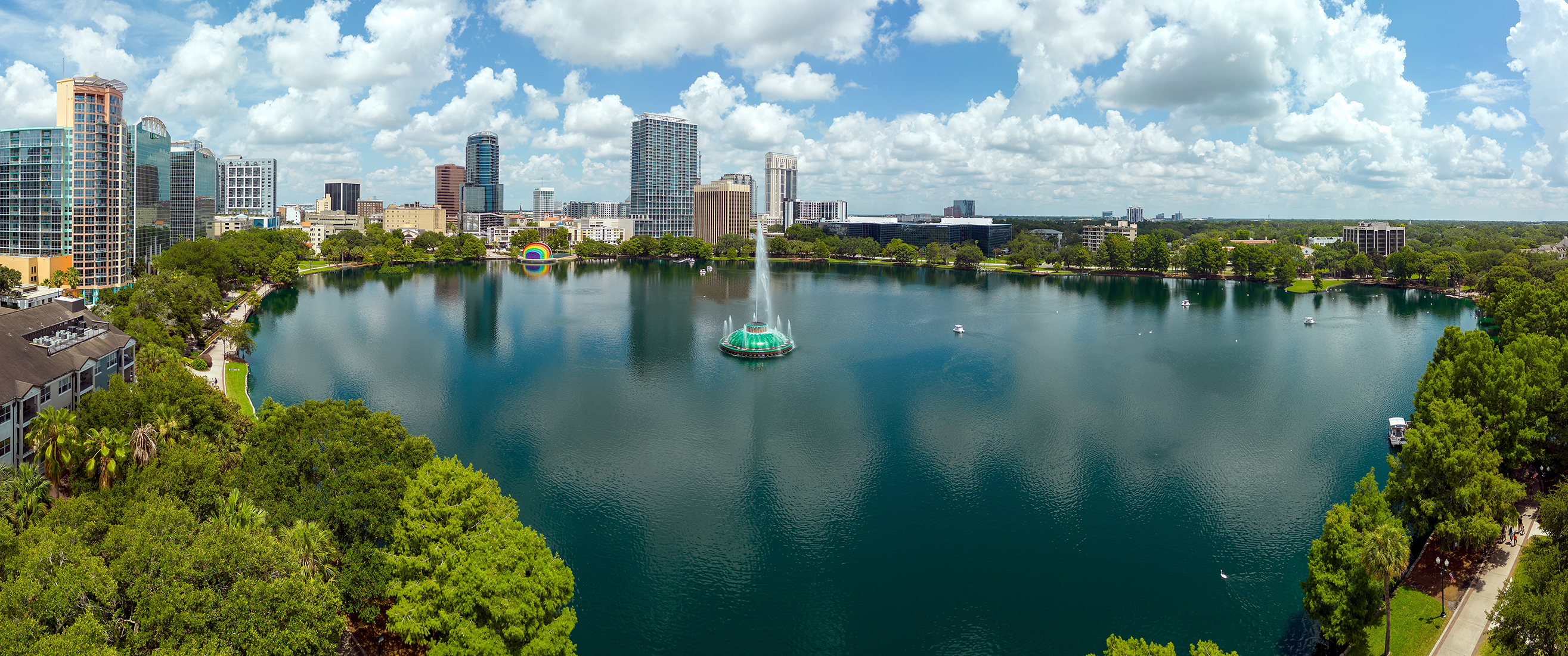 Aerial panoramic view of downtown Orlando, Florida at Lake Eola